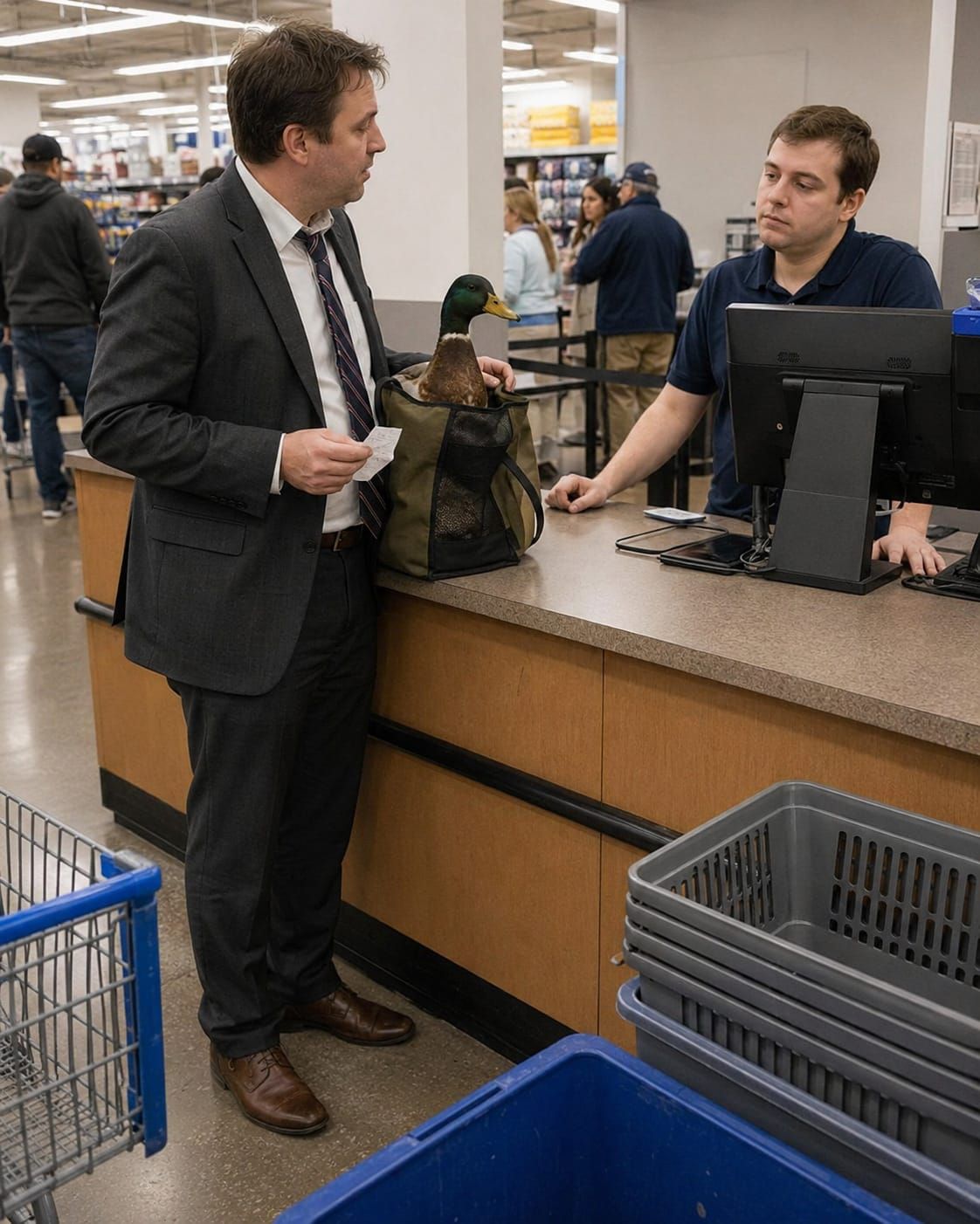 A suited man brings a calm duck in a bag to a store customer-service counter while an employee listens.