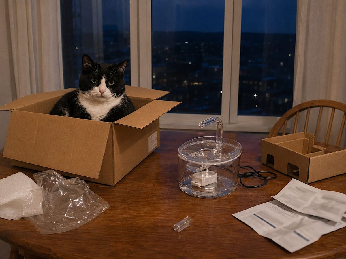 Mabel sits in the cat fountain’s cardboard box on Evan’s dining/work table while the assembled fountain sits ignored nearby.