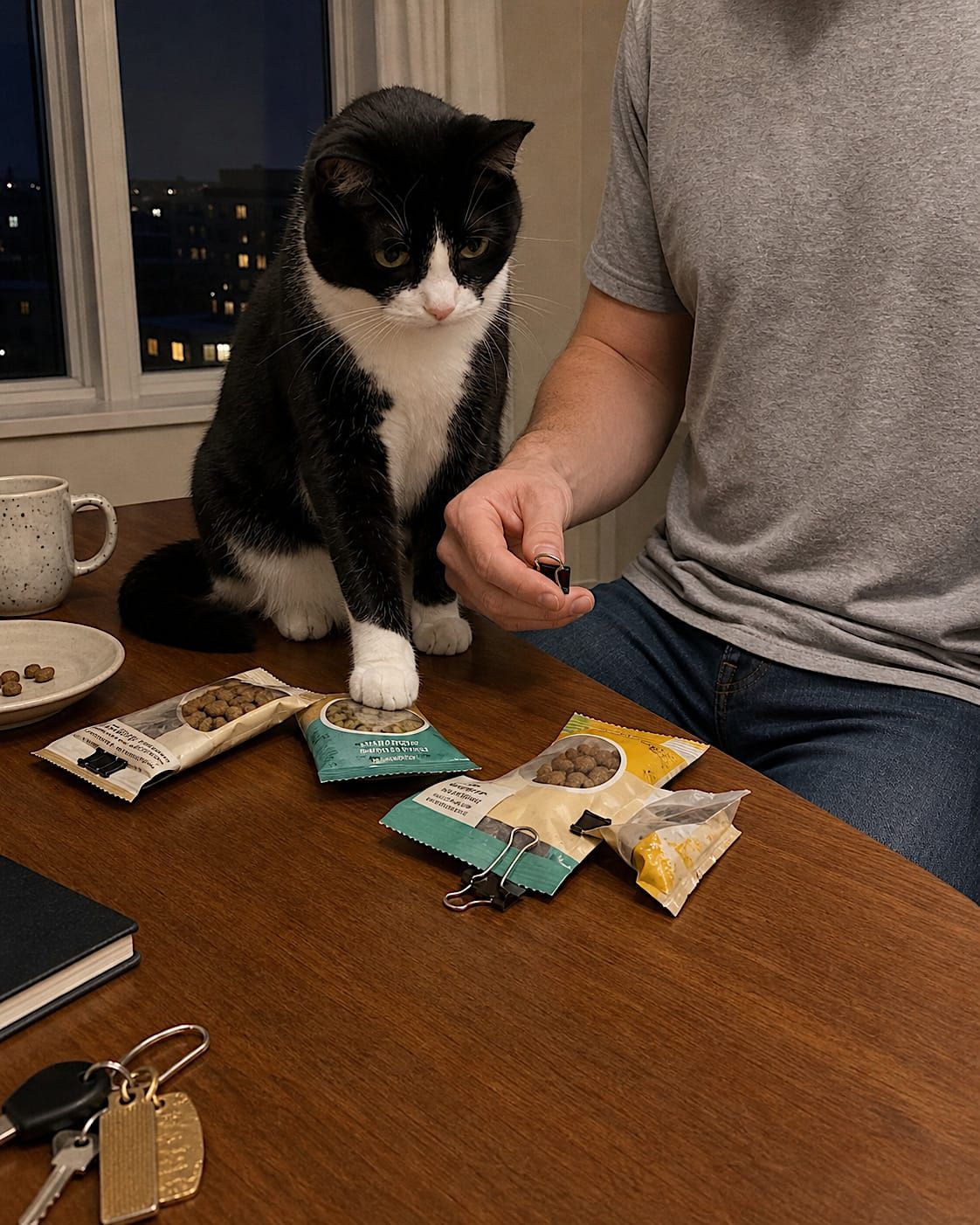 Person resealing cat treat packets at a wooden apartment table while a tuxedo cat interferes.