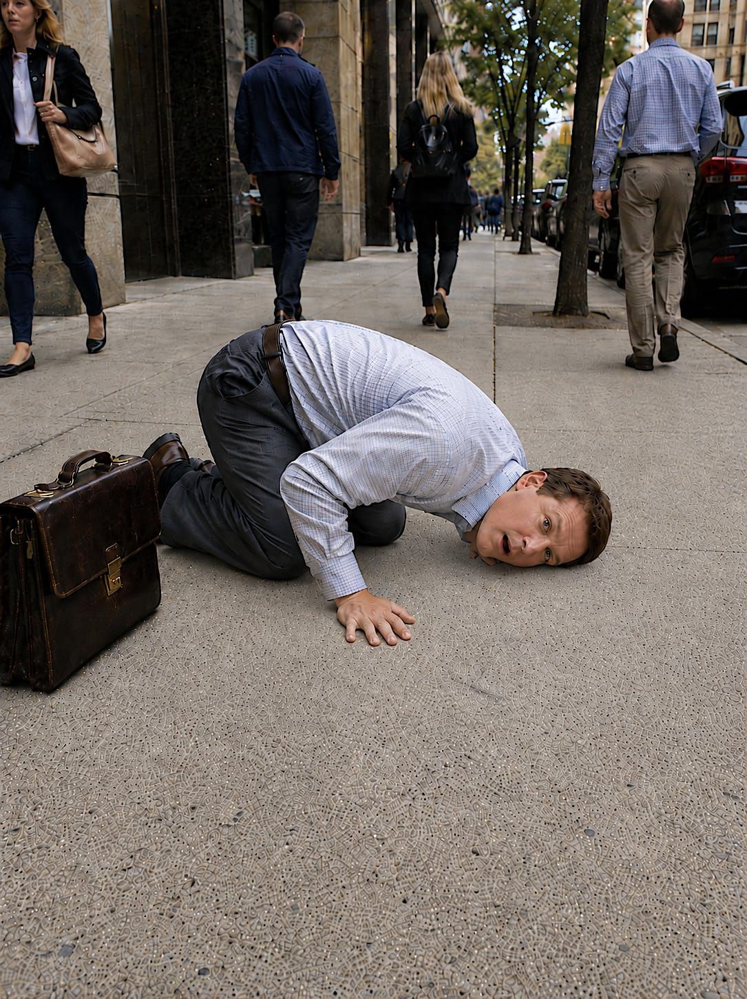 A business-casual man kneels on a busy sidewalk with one ear pressed to the concrete, looking startled and awed as pedestrians walk around him.