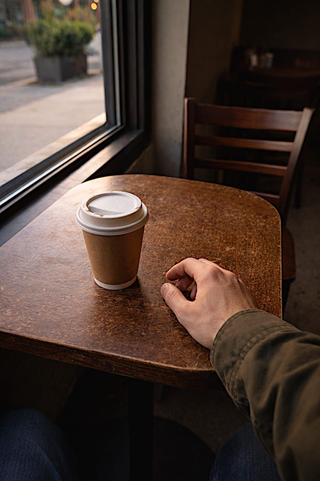 Paper coffee cup on a small coffee shop table by the window.