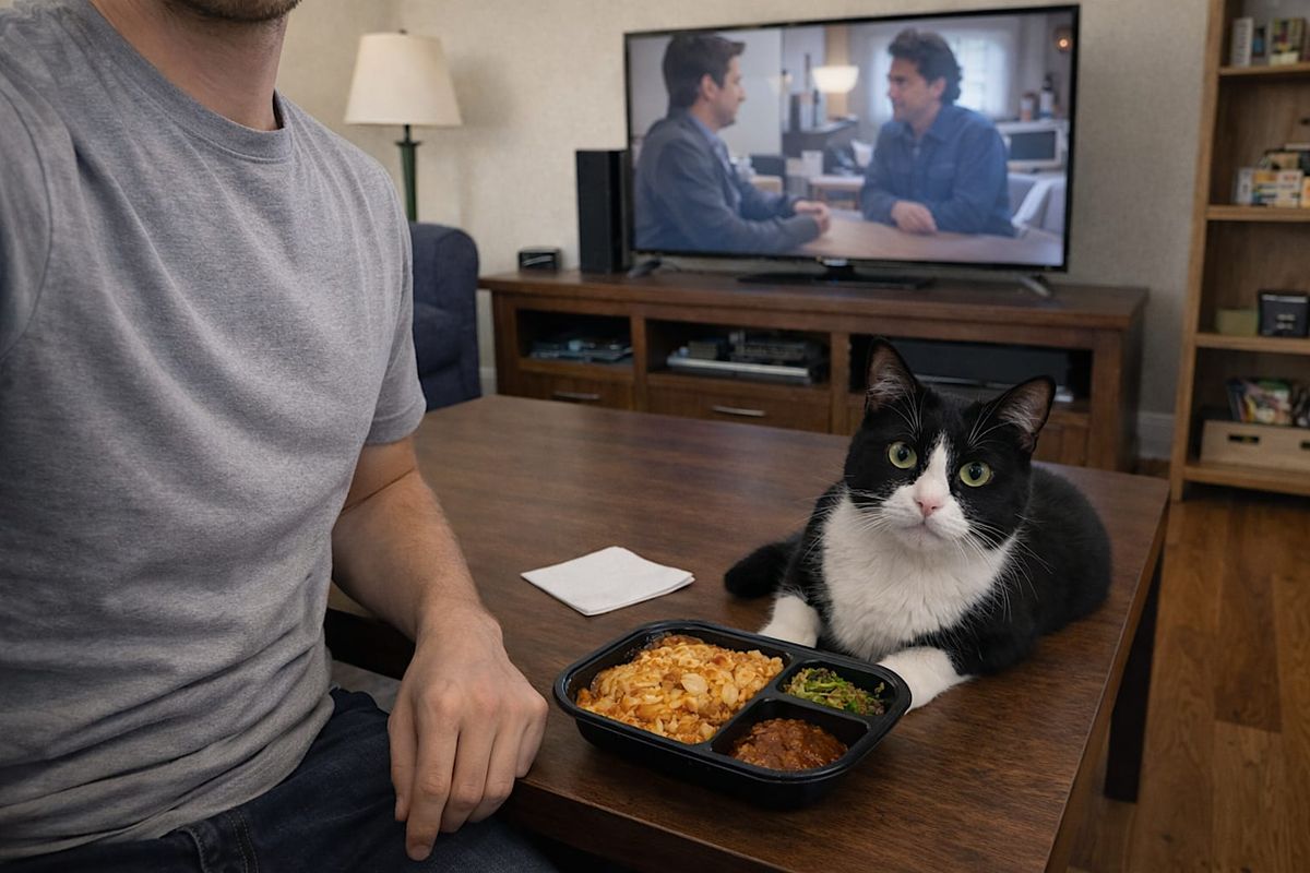 Partial selfie in a modest living room with takeout on the coffee table and a tuxedo cat nearby.