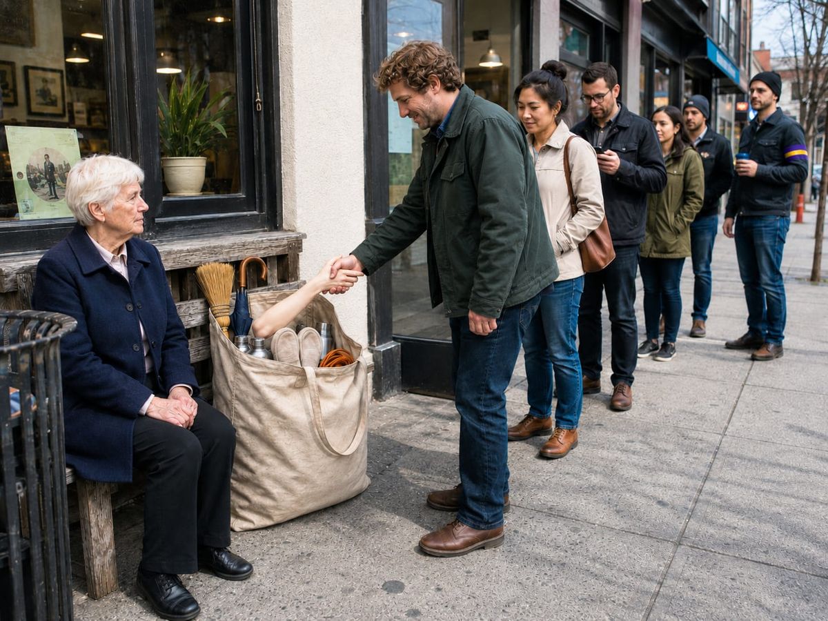 A sidewalk line waits to shake a mannequin hand sticking from an older woman’s crowded beige shopping bag.
