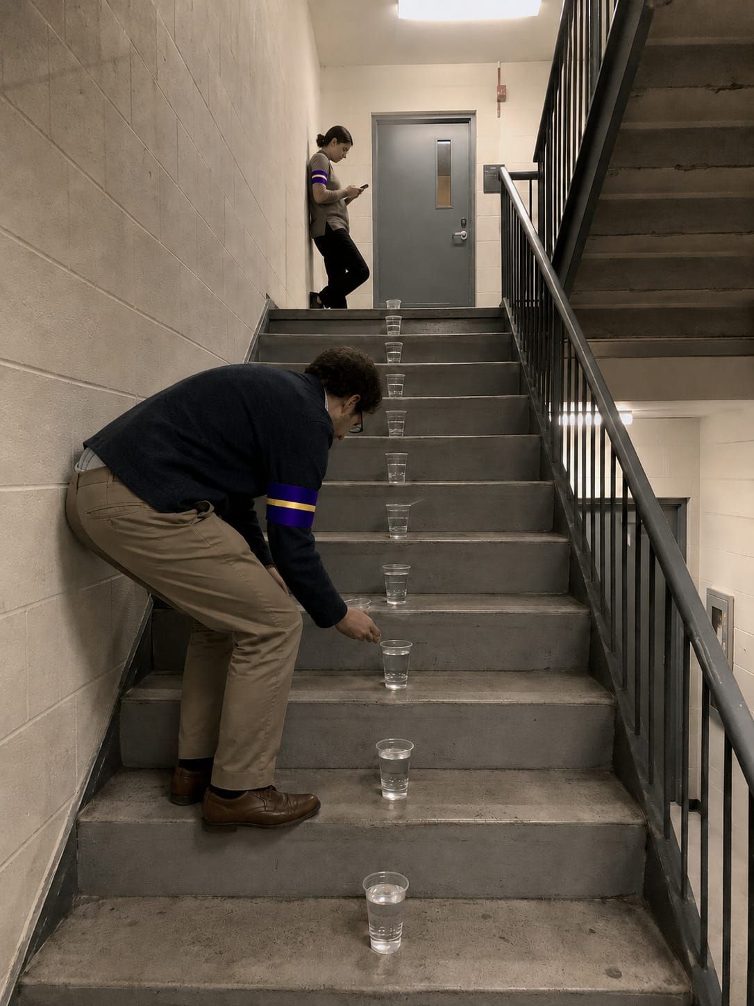 A man carefully centers full cups of water on each office stair while another person waits on the landing.
