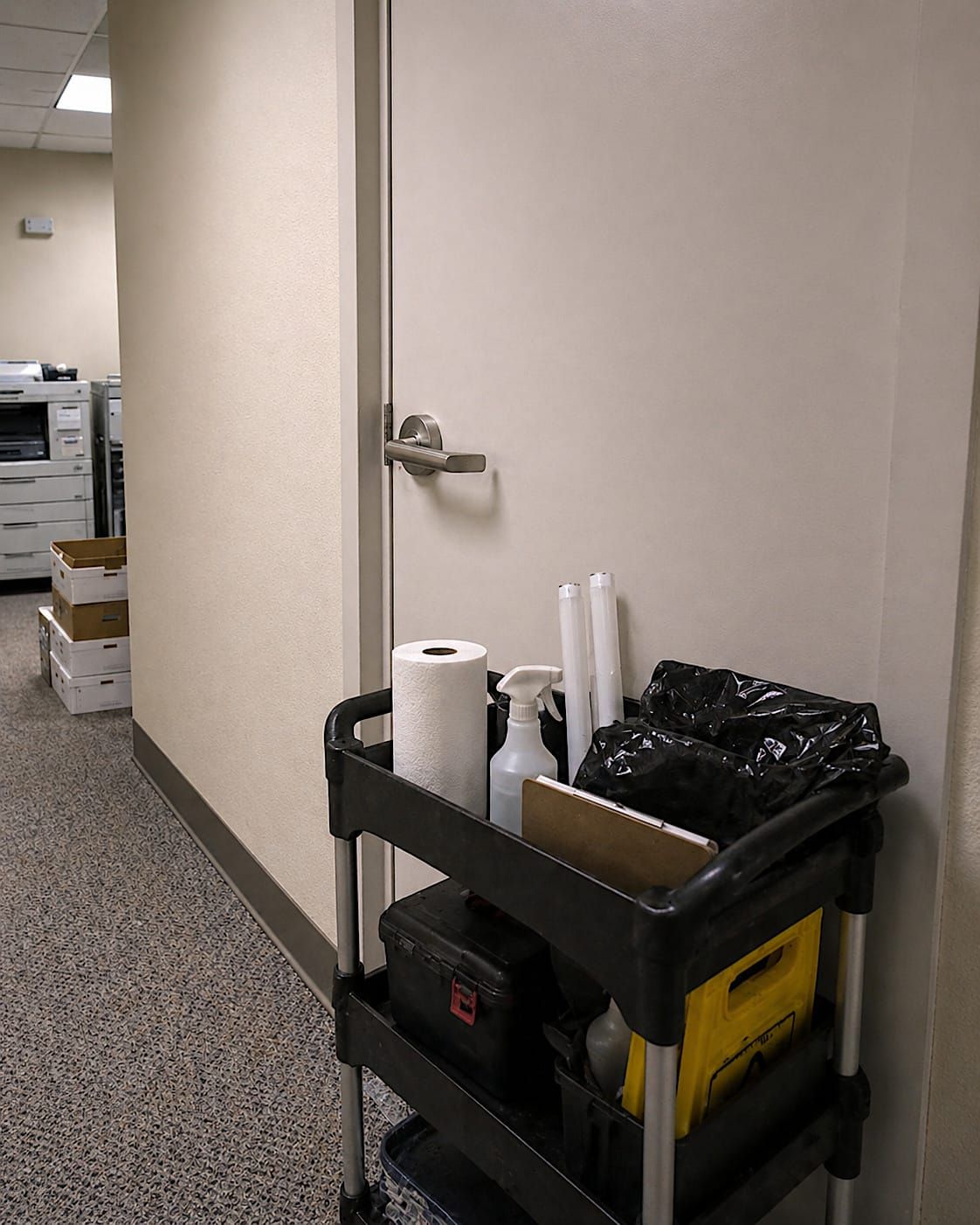 Maintenance cart parked outside a closed office utility door in a plain back corridor.