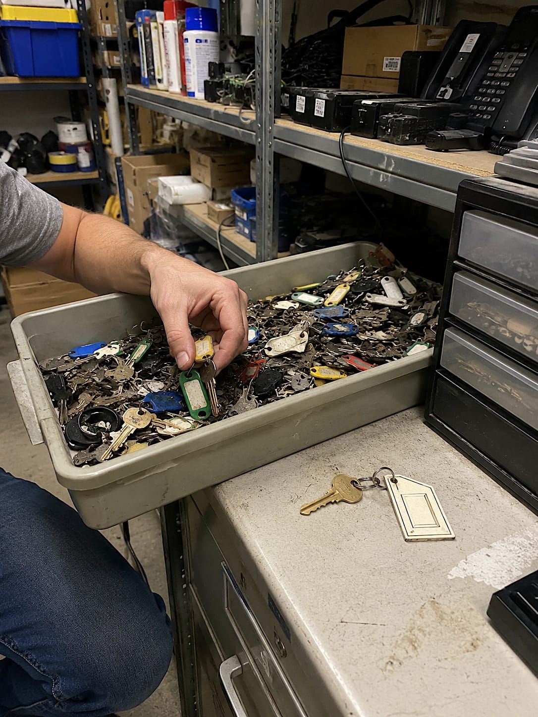 Old office key bin filled with faded tags and mismatched keys, with one brass key beside a blank door-shaped tag.