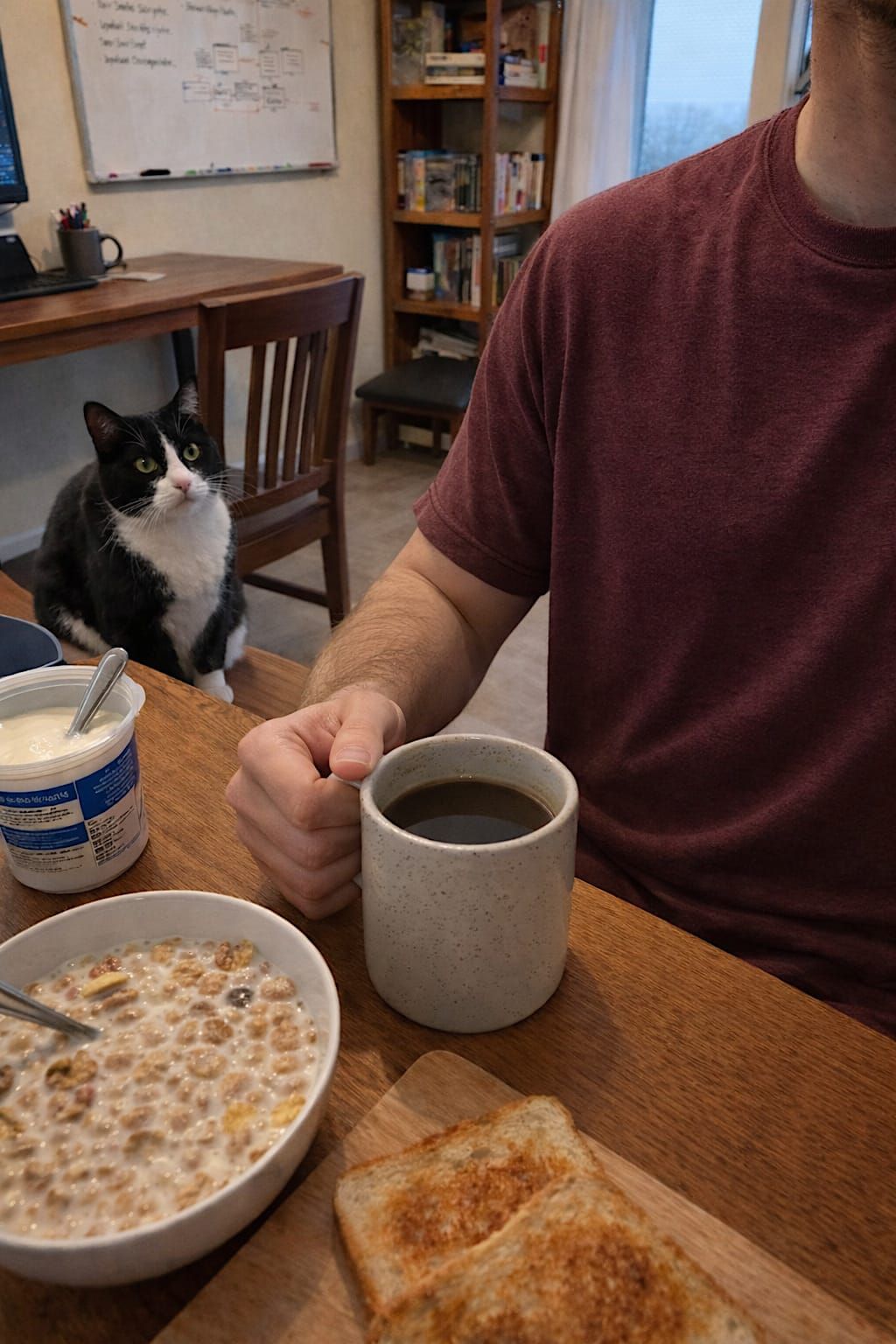 Simple breakfast on a wooden apartment table with a black-and-white tuxedo cat nearby.