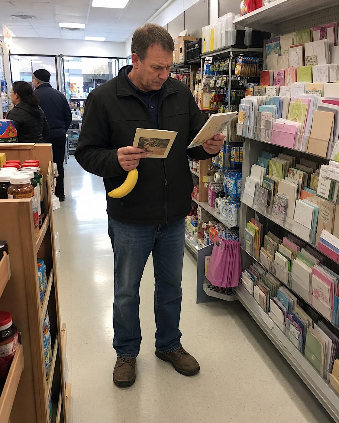 Man comparing greeting cards in a pharmacy aisle while holding a loose banana.