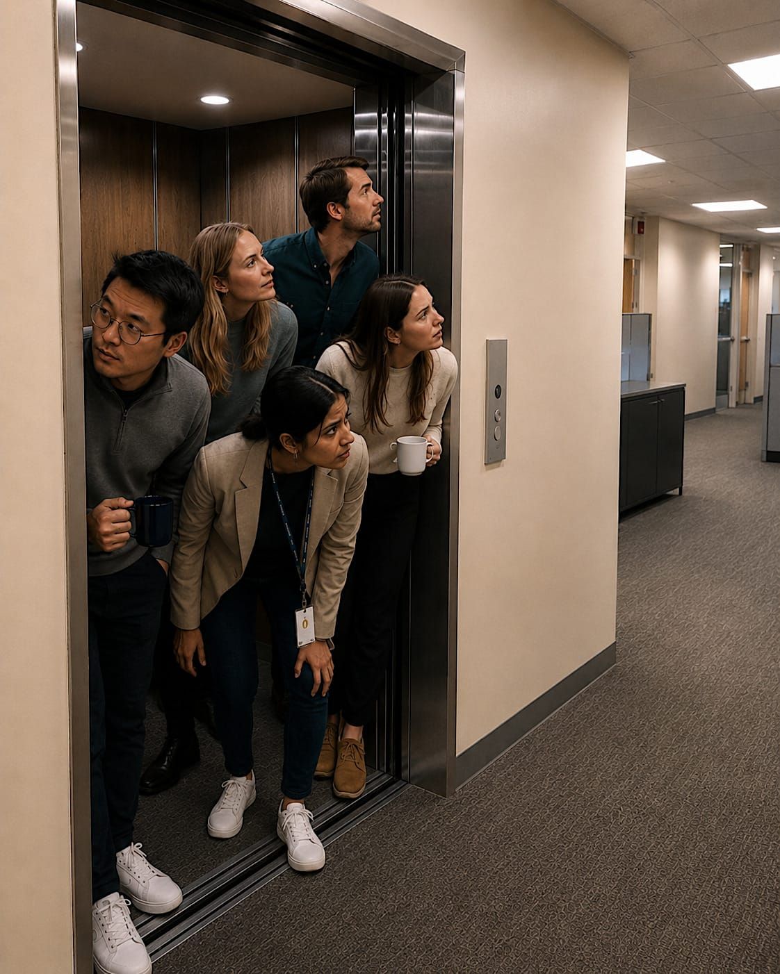 Five office workers lean out of an open elevator into a bland fluorescent office hallway, looking around with hesitant curiosity as if deciding whether to step out.