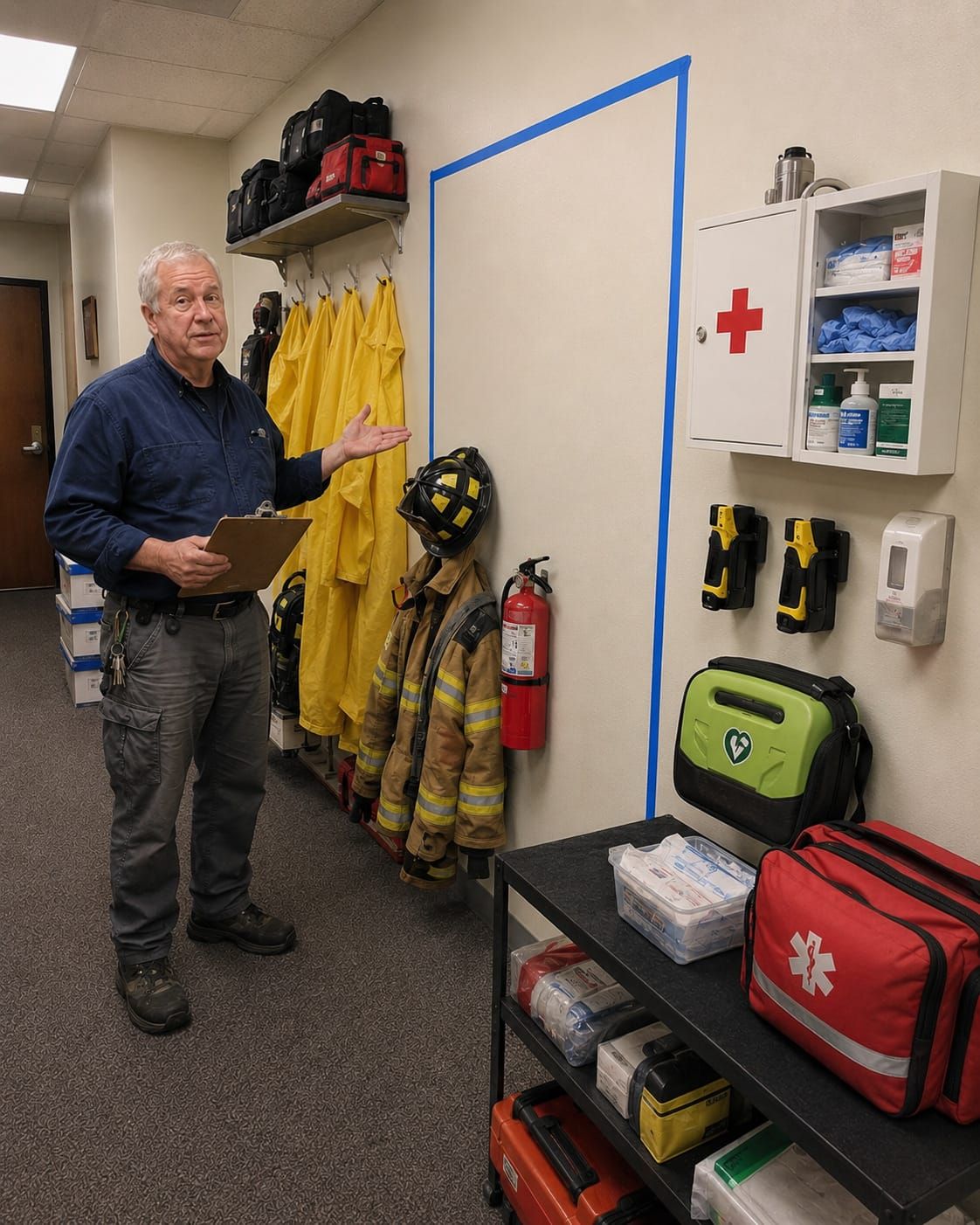 Maintenance man gestures at emergency gear around a blue-taped missing-door outline in a bland office corridor.