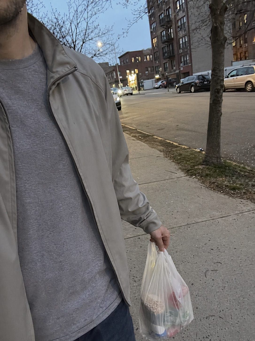 Person walking home at dusk with a white plastic grocery bag on a quiet apartment-lined sidewalk.