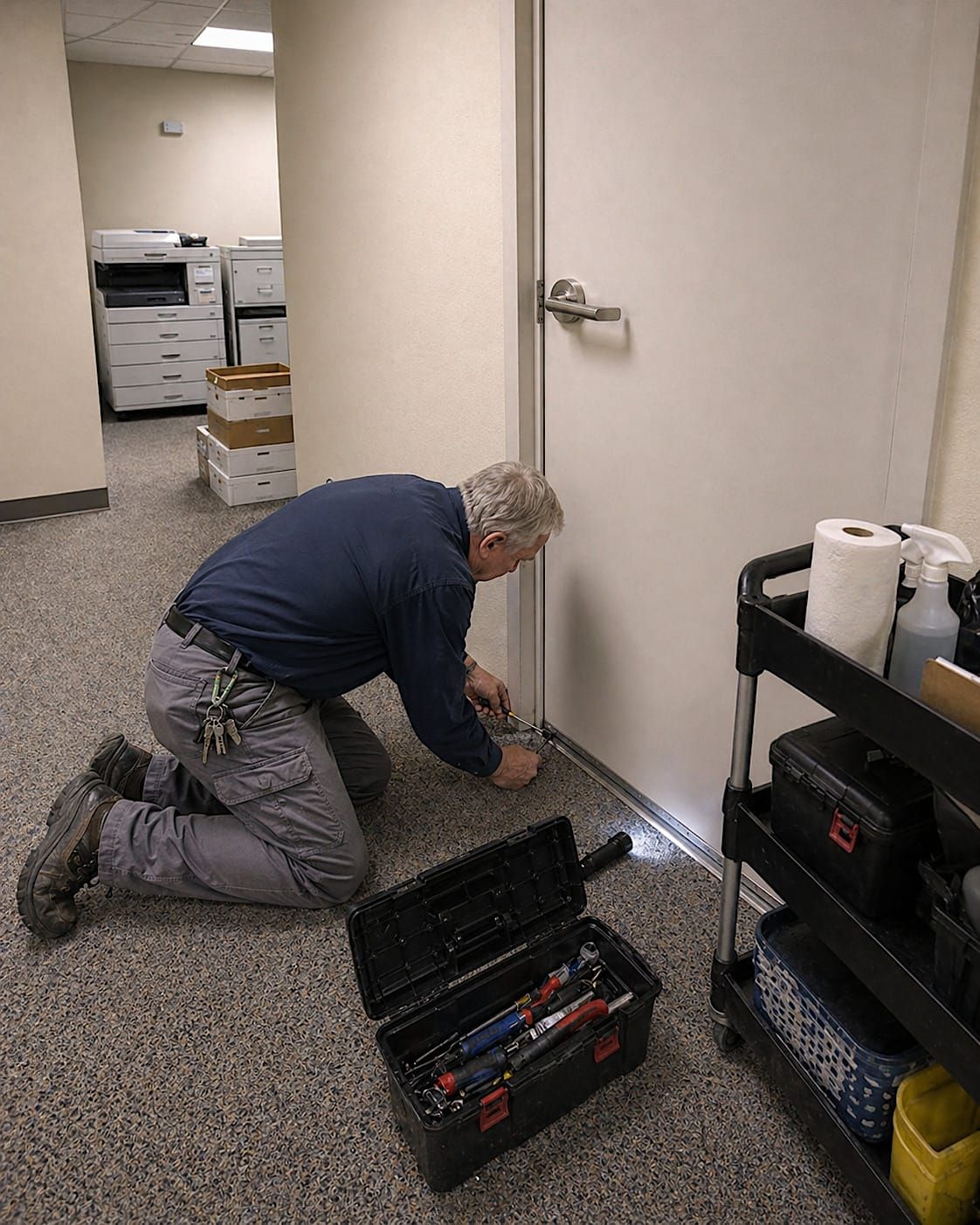 Maintenance man kneeling beside a closed office utility door with an open toolbox and flashlight.
