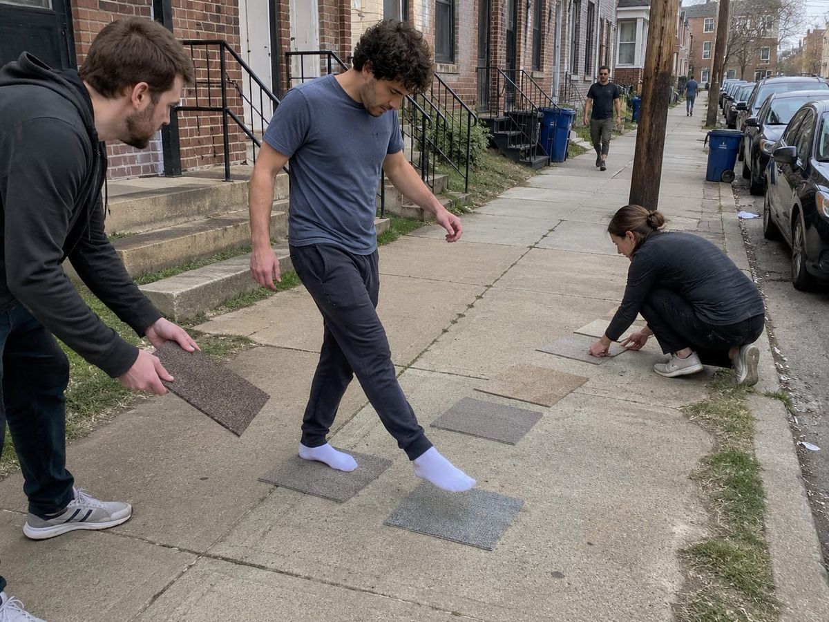 Man in socks crosses a sidewalk on carpet squares while two people move the squares ahead of him.
