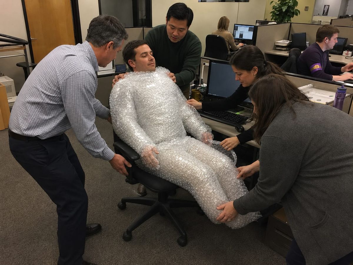 Bubble-wrapped office worker being lowered into his chair by coworkers in a plain cubicle.