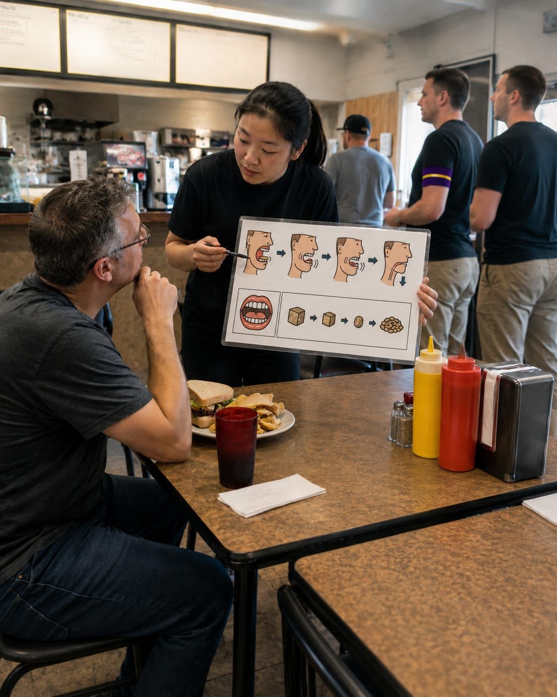 Server shows a diner a laminated chewing diagram during lunch while nearby customers act like it is normal.