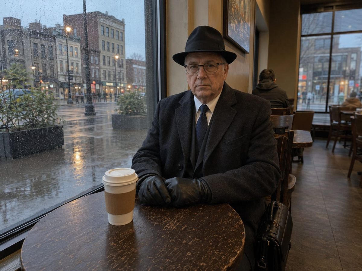 Formal older man in hat and gloves sits at a rainy coffee shop window with a coffee cup and black briefcase.