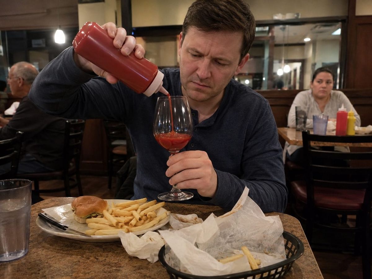 A diner customer solemnly inspects ketchup poured into a wine glass while fries sit nearby on a modest restaurant table.