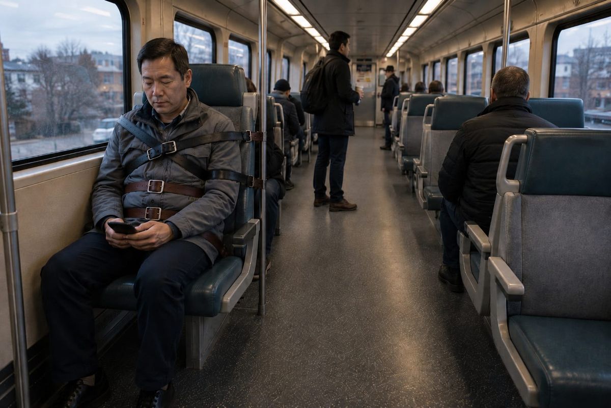 Head scientist sits on a commuter train strapped to one seat with several belts while other passengers ignore it.