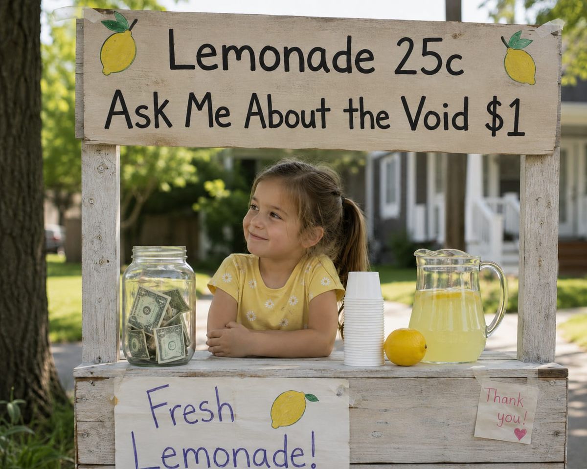 Girl at a lemonade stand with a sign selling lemonade for 25¢ and void questions for $1.