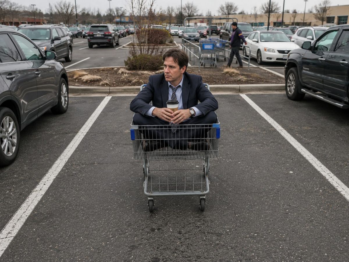 A man in a suit sits cross-legged in a shopping cart centered in a parking space, holding coffee in an overcast lot.