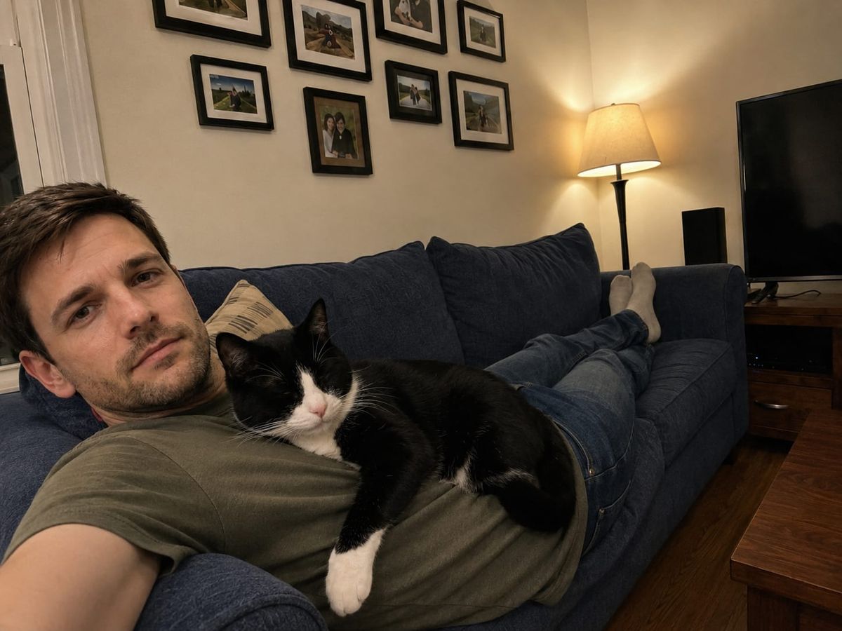Evan lies on the back couch with Mabel the tuxedo cat sprawled across his chest, pinning him in place.