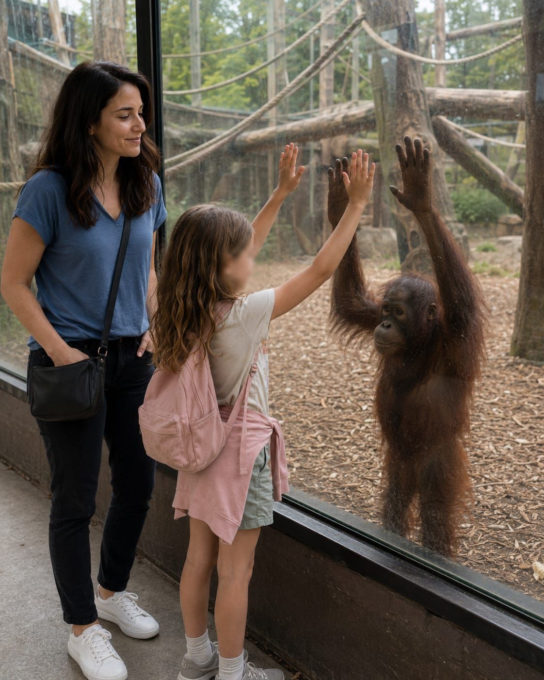 Julie watches an orangutan through zoo glass while Nora stands nearby on an overcast day.