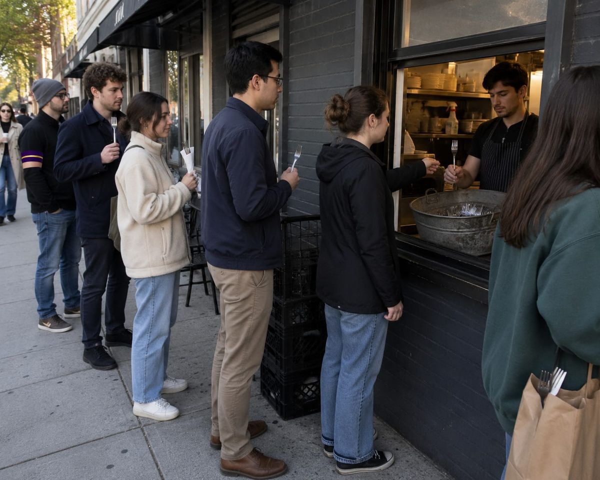 Customers line up at a restaurant side window, each holding a fork for return while a worker collects them in a tub.