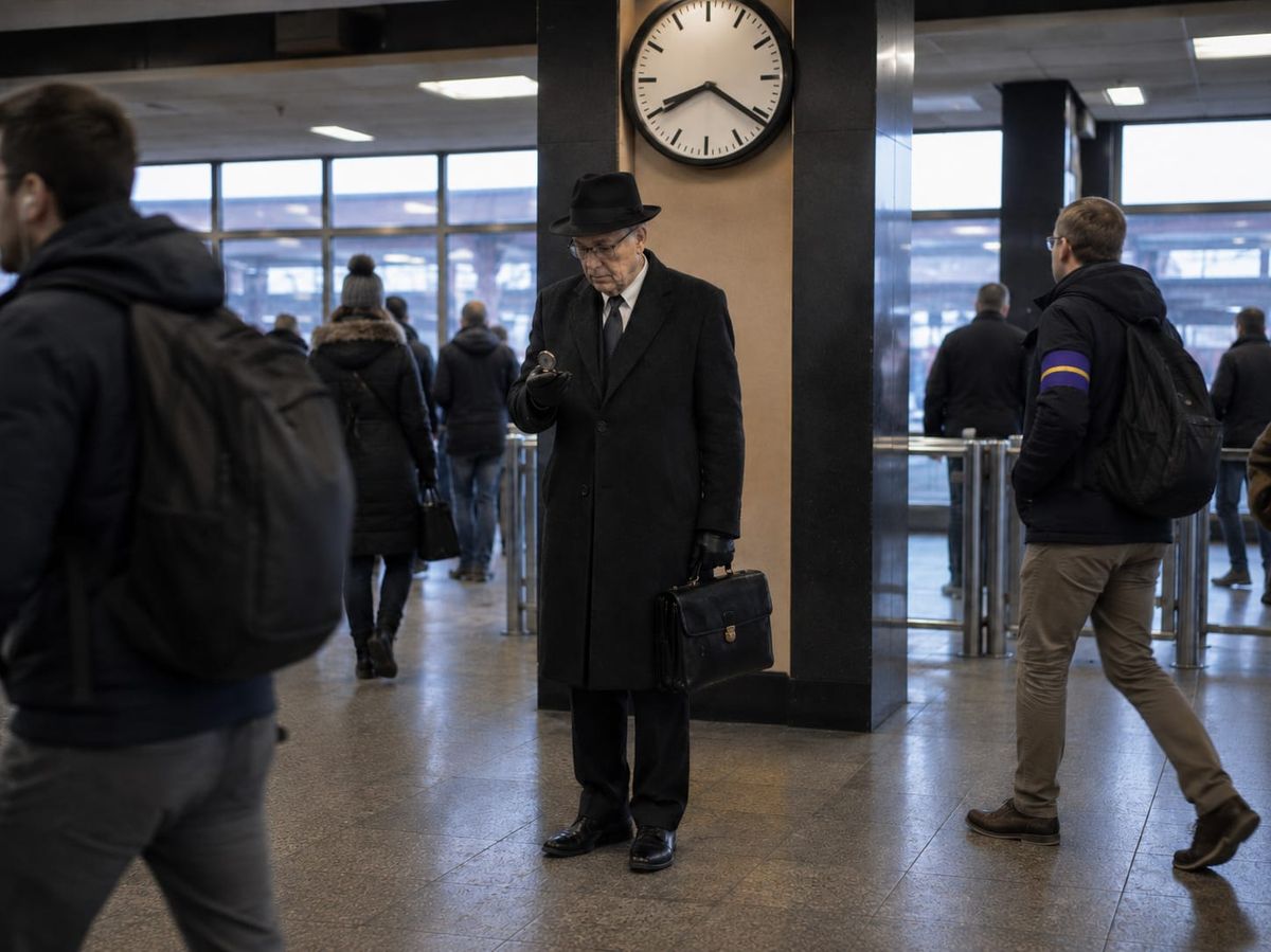 Older formal man checks a pocket watch beneath a station clock while commuters pass, including one with a purple-and-gold armband.