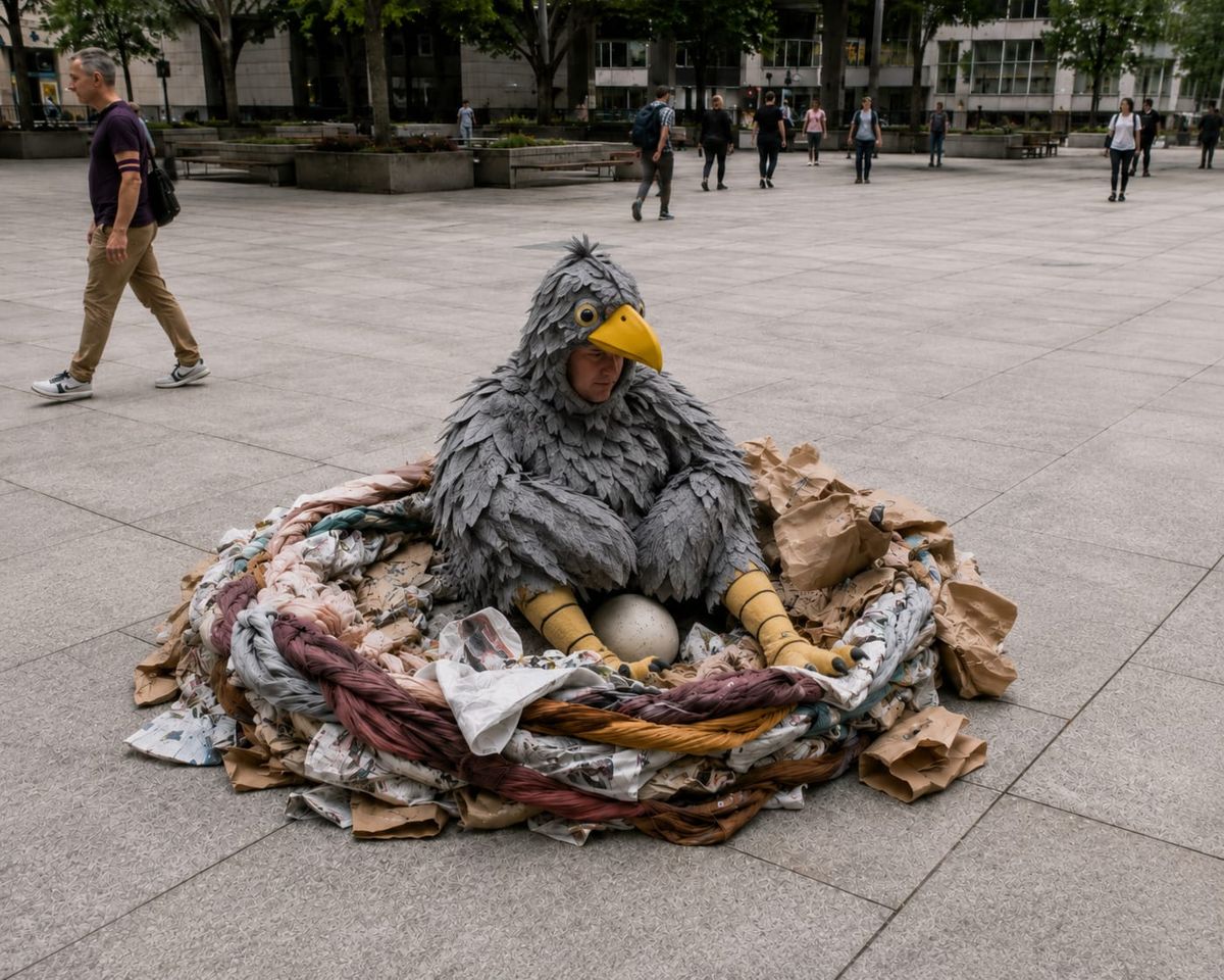 Person in gray bird costume sits in a plaza nest made of scarves and paper, warming a large egg as pedestrians pass.