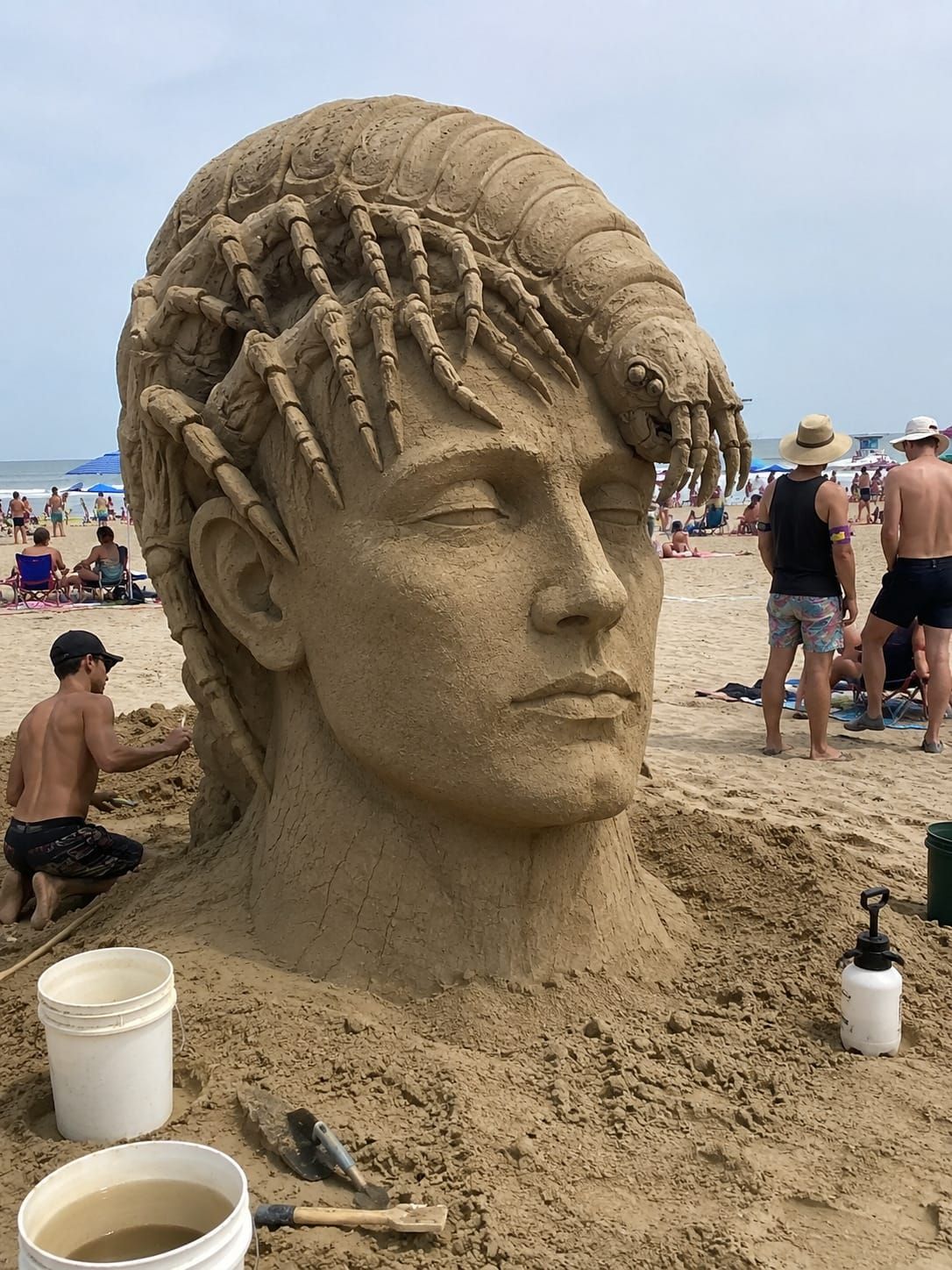 Enormous sand head wears a many-legged parasite like a crown while beachgoers look on.