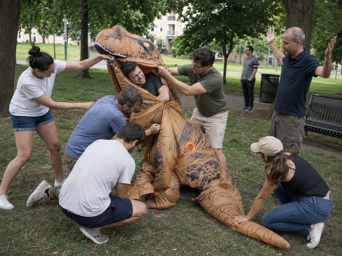 Six adults struggle to free a sweaty man from a partly deflated inflatable T-rex costume in a neighborhood park.
