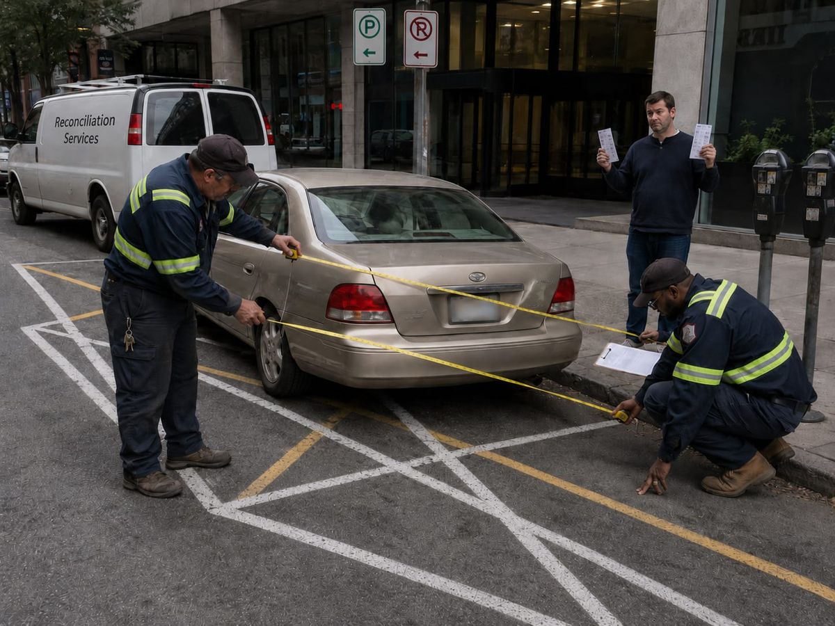 Two city workers measure overlapping parking spaces around a sedan beside a van labeled Reconciliation Services.