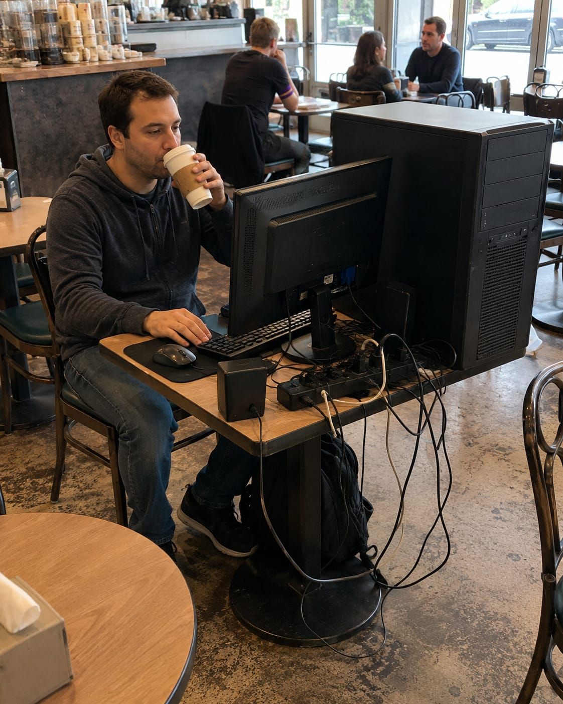 A café customer uses a bulky desktop computer at a small table while other customers sit nearby with normal coffee-shop gear.
