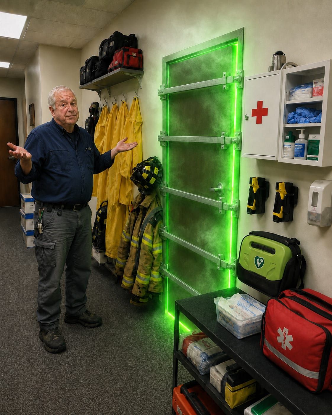 Barred office door glowing green while smoke leaks from the edges and a maintenance man shrugs nearby.