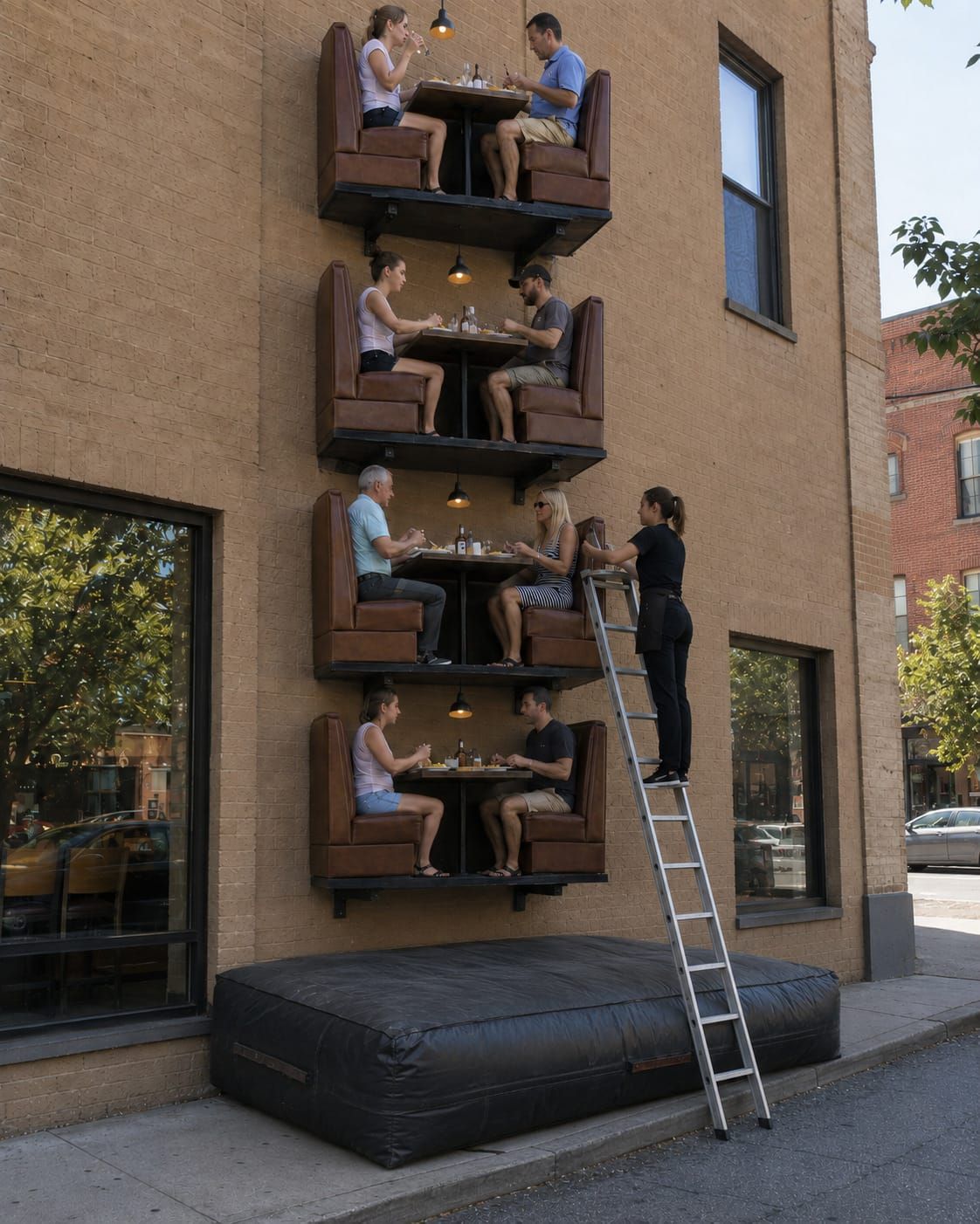 Four restaurant booths are stacked up an exterior wall while a server uses a ladder and a safety cushion waits below.