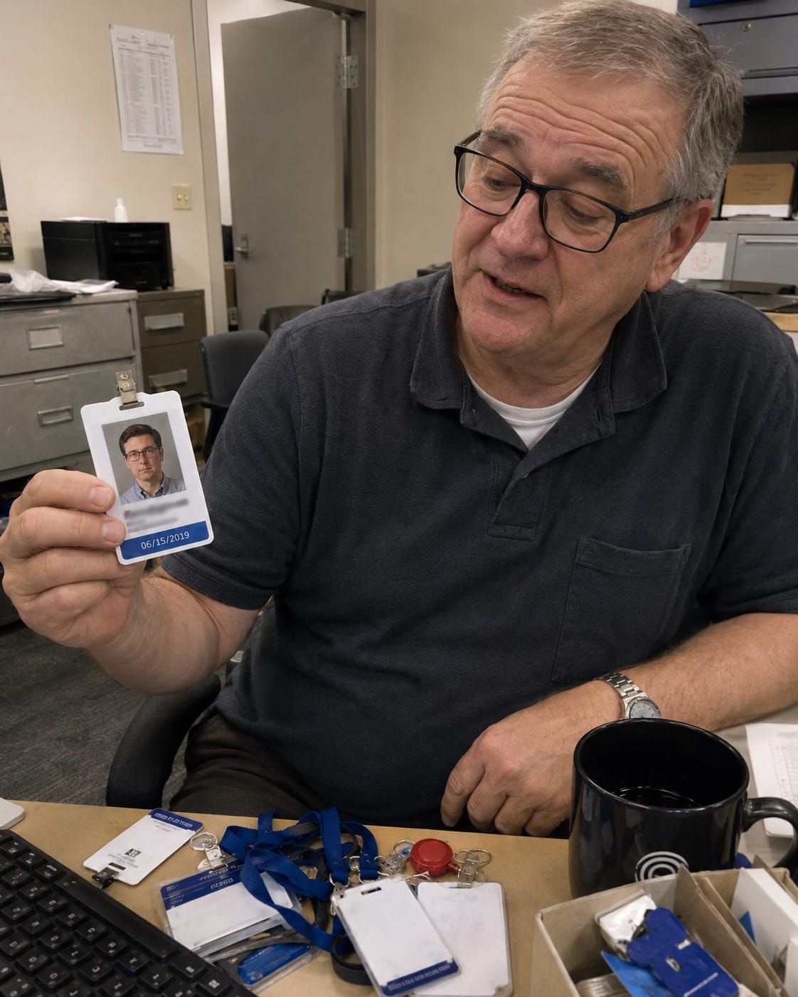 Older coworker at Evan’s office holds the old employee badge after recognizing the man pictured on it.