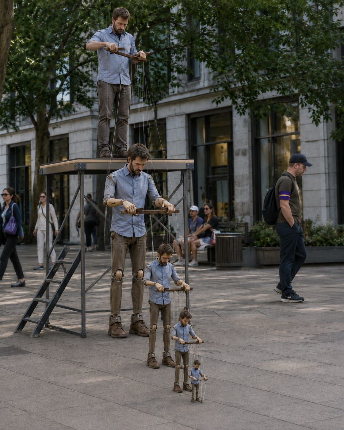Man on a raised platform operates a life-size puppet of himself, which controls two progressively smaller matching puppets below.