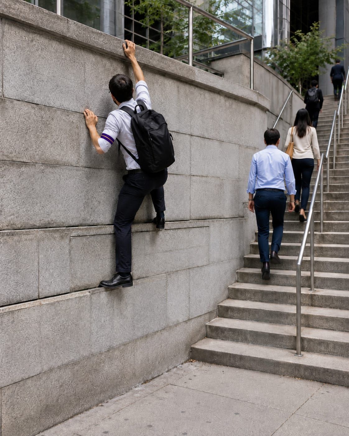 Commuter in office clothes climbs a stone retaining wall beside an open staircase, wearing a purple-and-gold armband.
