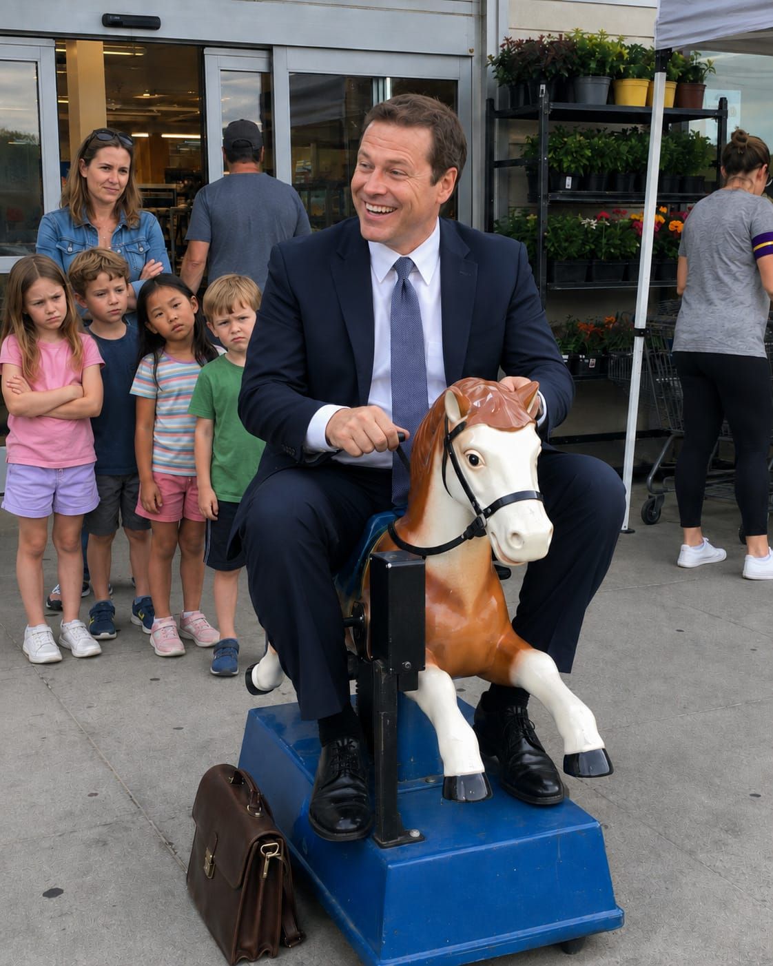 A suited man grins on a coin-operated horse outside a grocery store while a line of impatient children waits behind him.