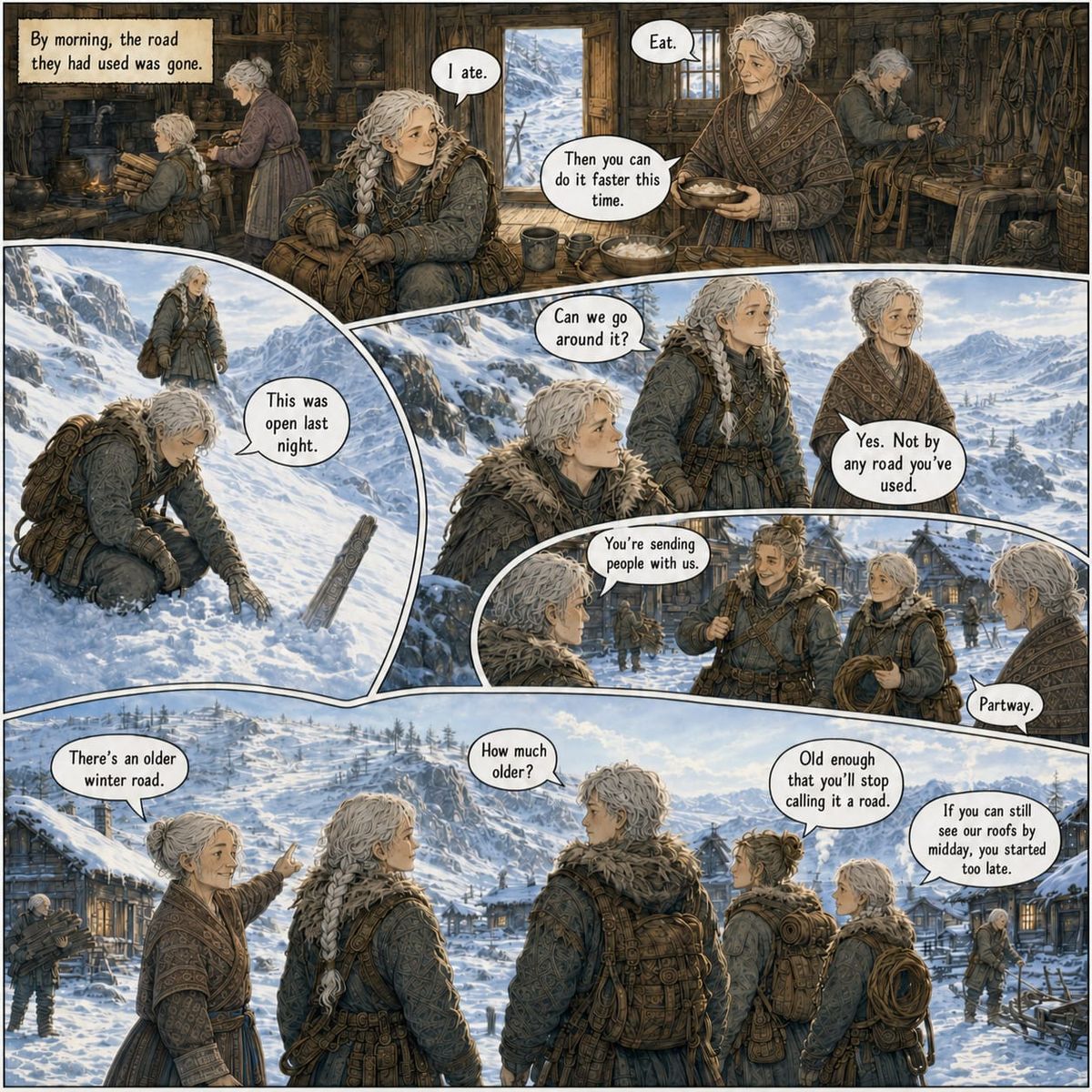 Sela and Rovan leave the eastern houses with Tavi and Orin, following an older winter route toward Split Rock.