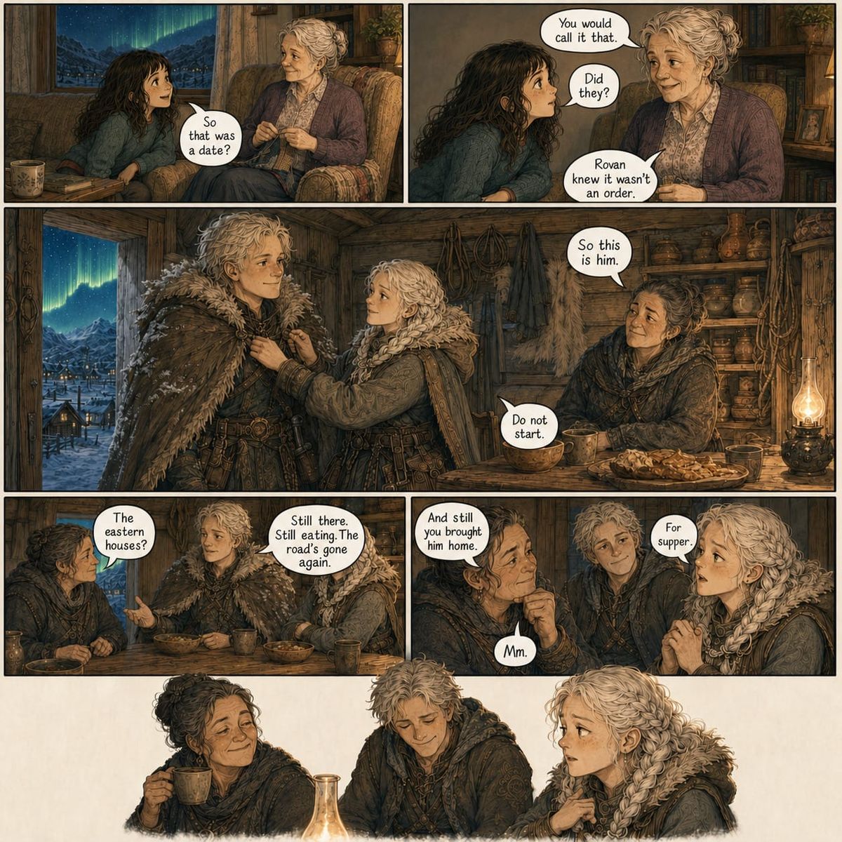 Leah questions the story as Sela brings Rovan home for supper, where an older woman immediately notices their courtship.