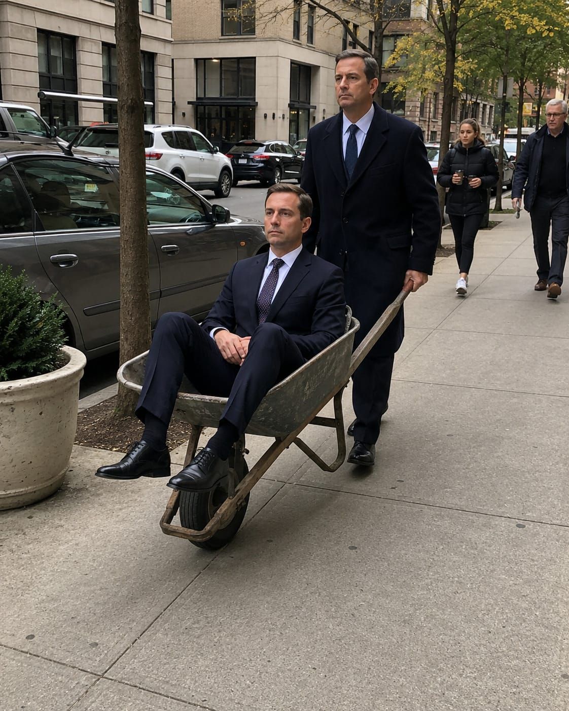 Two formally dressed men on a city sidewalk, one sitting upright in a wheelbarrow while the other pushes him.