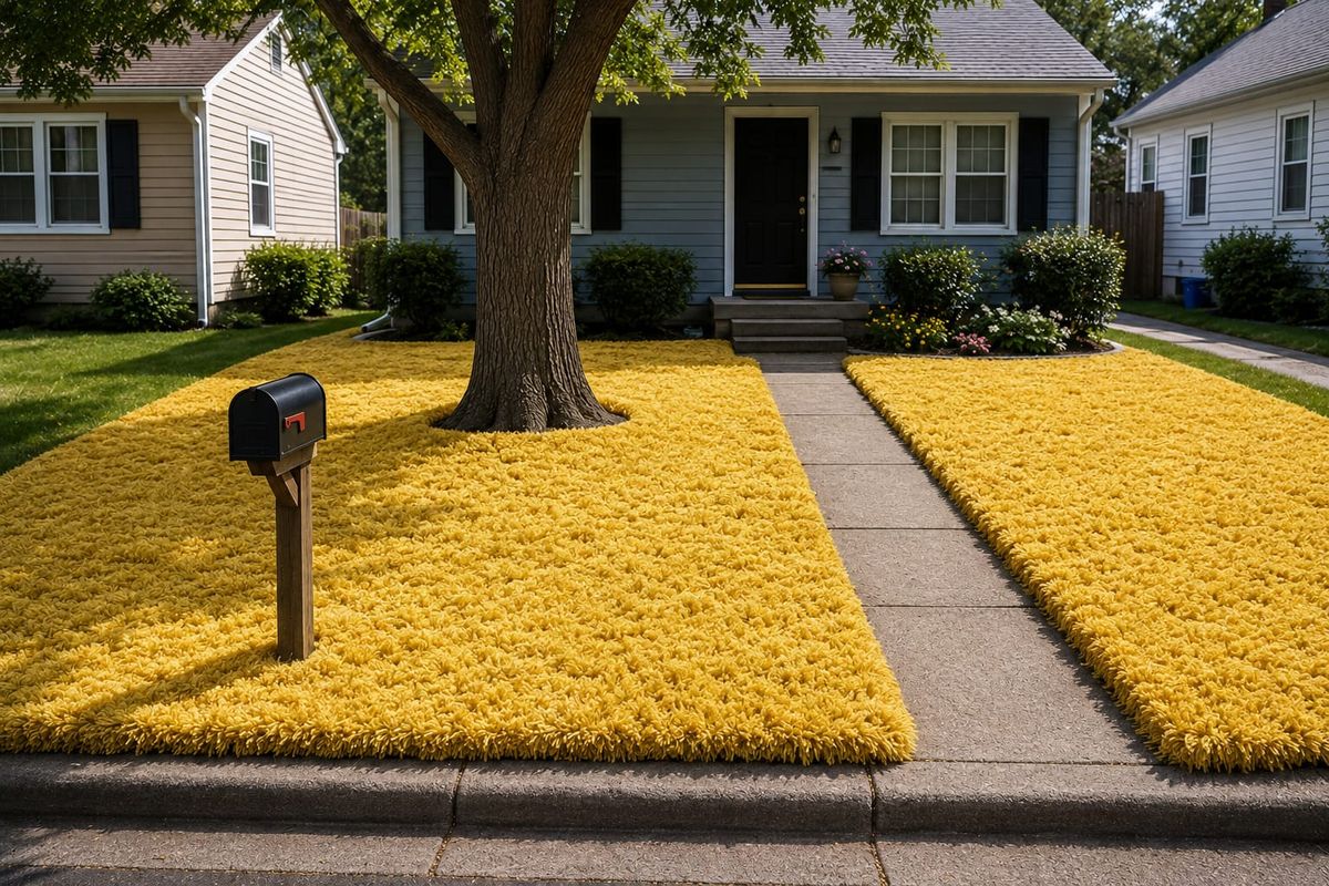 A suburban house with its entire front lawn replaced by fitted mustard-yellow shag carpet, while neighboring lawns remain green.