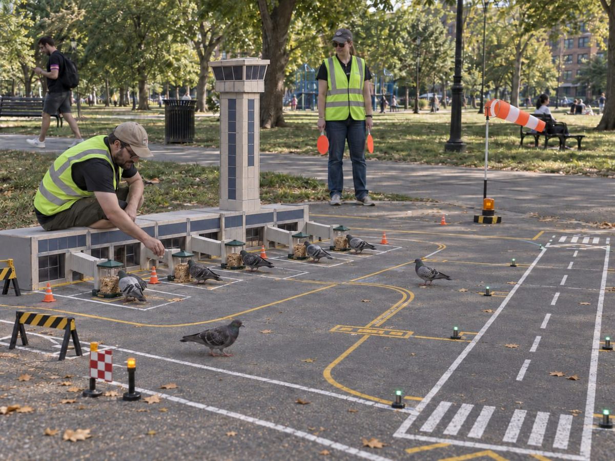 Miniature pigeon airport in a park with runways, terminal feeders, control tower, ground crew, and pigeons ignoring procedures.