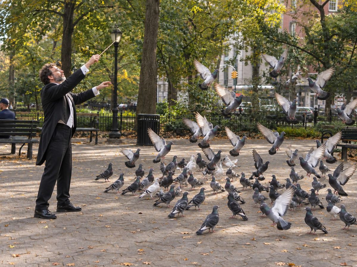 A conductor in formal attire raises his baton as a flock of pigeons facing him takes off in a city park.