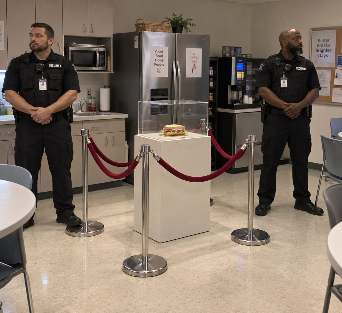 A deli sandwich under an acrylic case and velvet ropes in an office break room, guarded seriously by two security guards.