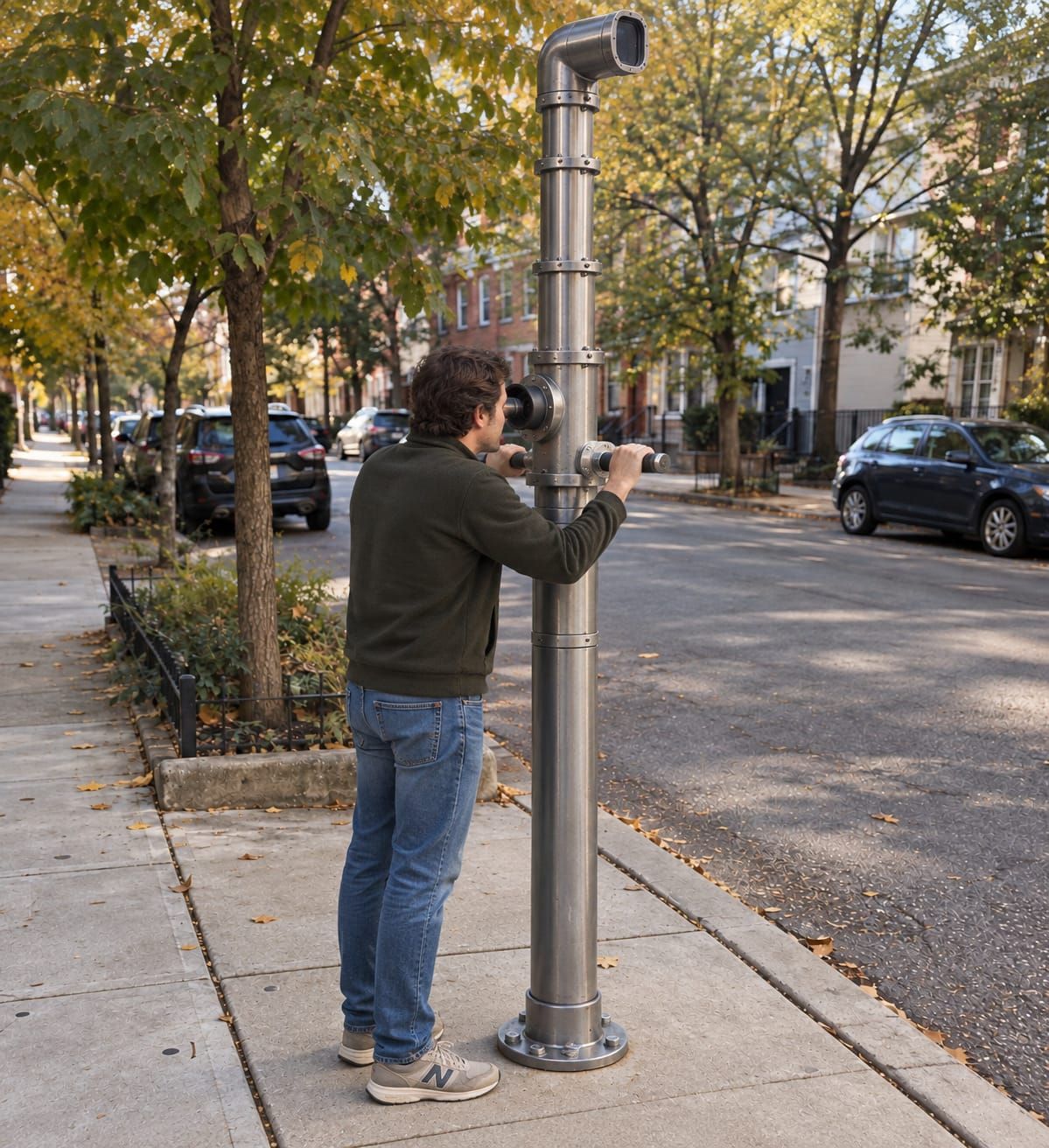 A man uses a tall submarine-style periscope permanently installed on an ordinary neighborhood sidewalk.