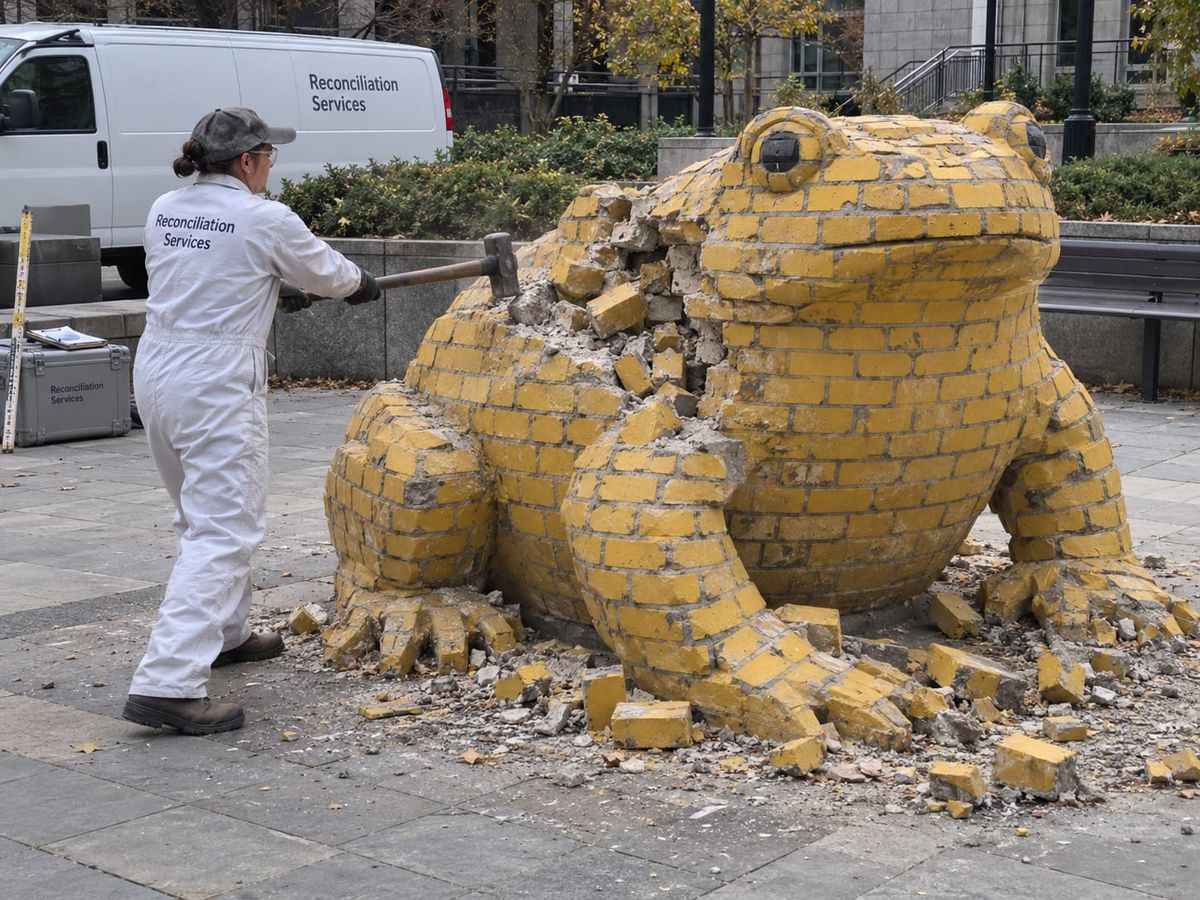A Reconciliation Services worker smashes a large yellow-brick toad sculpture with a sledgehammer in a civic plaza.