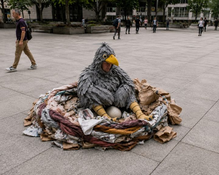 "Here the North American plaza bird incubates its egg, relying on camouflage, stillness, and everyone’s unwillingness to get involved."