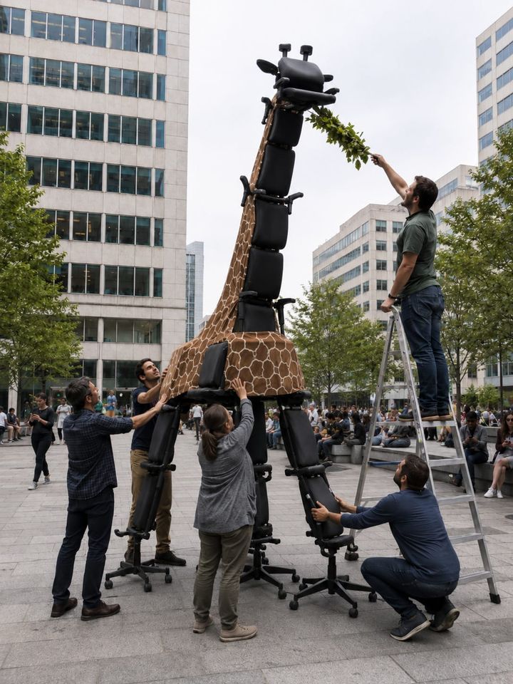 "Despite its precarious construction, the adult office giraffe can remain in one place for several days. Its only natural predator is Facilities, which recognizes neither camouflage nor artistic intent—only twelve missing chairs."